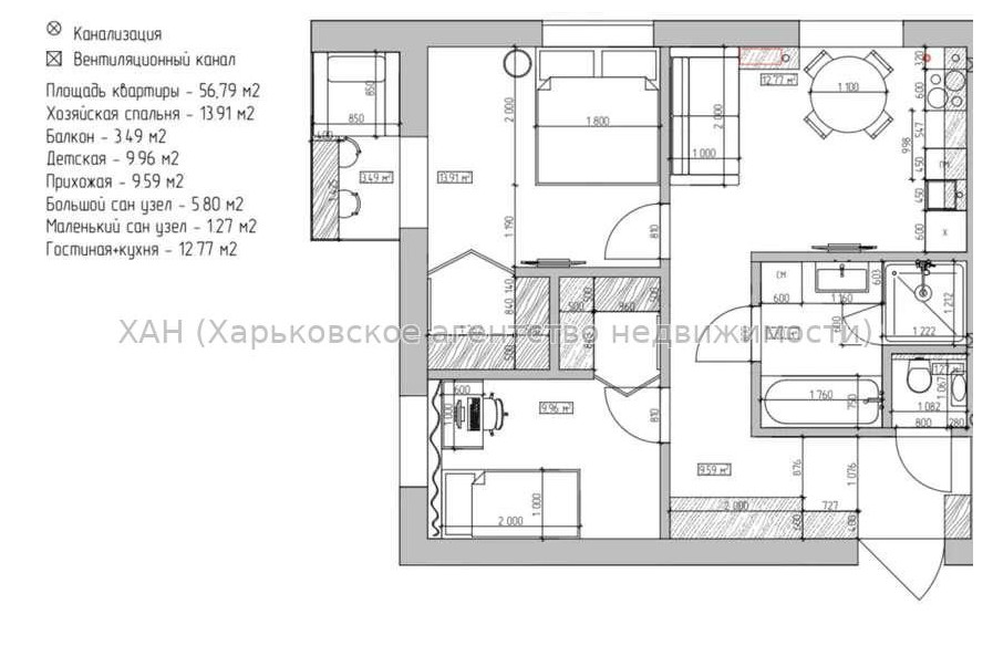 Продам квартиру, Лосевский пер. , 2 кім., 57 м², частичный ремонт 